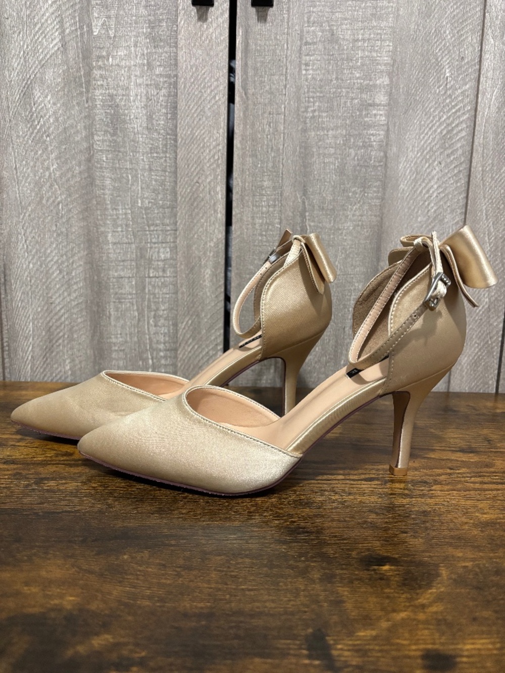 Women's Nude Beige Satin Bow Heels with Rhinestone Clasp 9.5